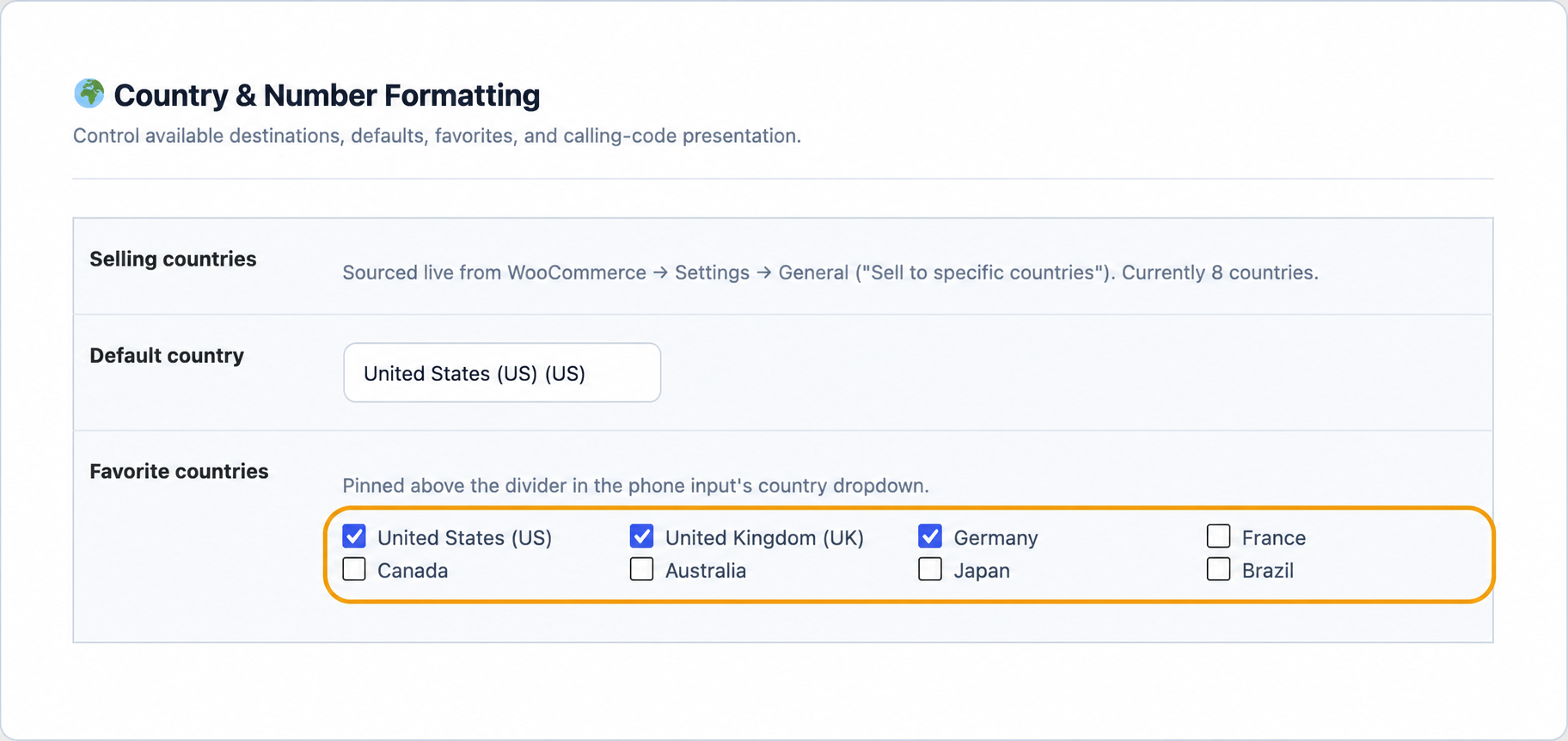 Country and phone number format settings