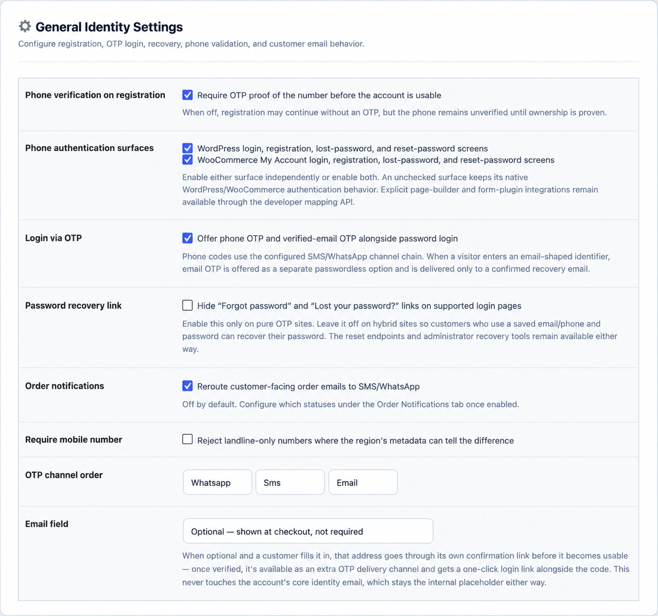 General settings for choosing phone identity behavior