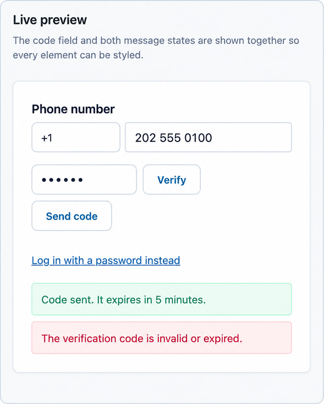 Phone login preview using fictional masked values