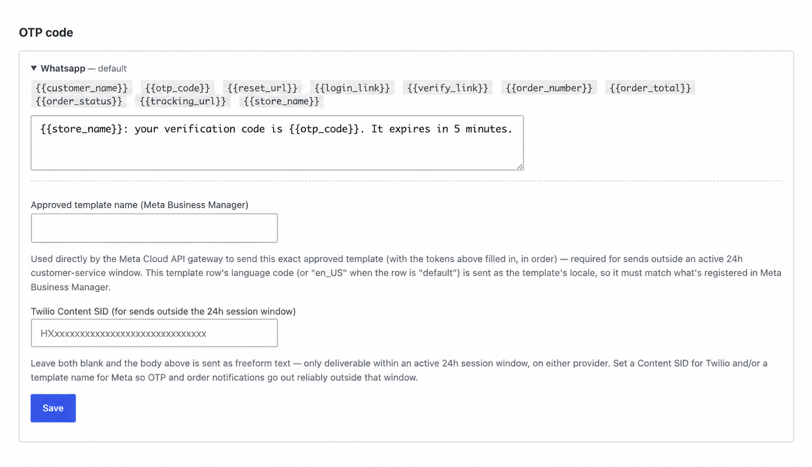 One-time password message template using placeholders