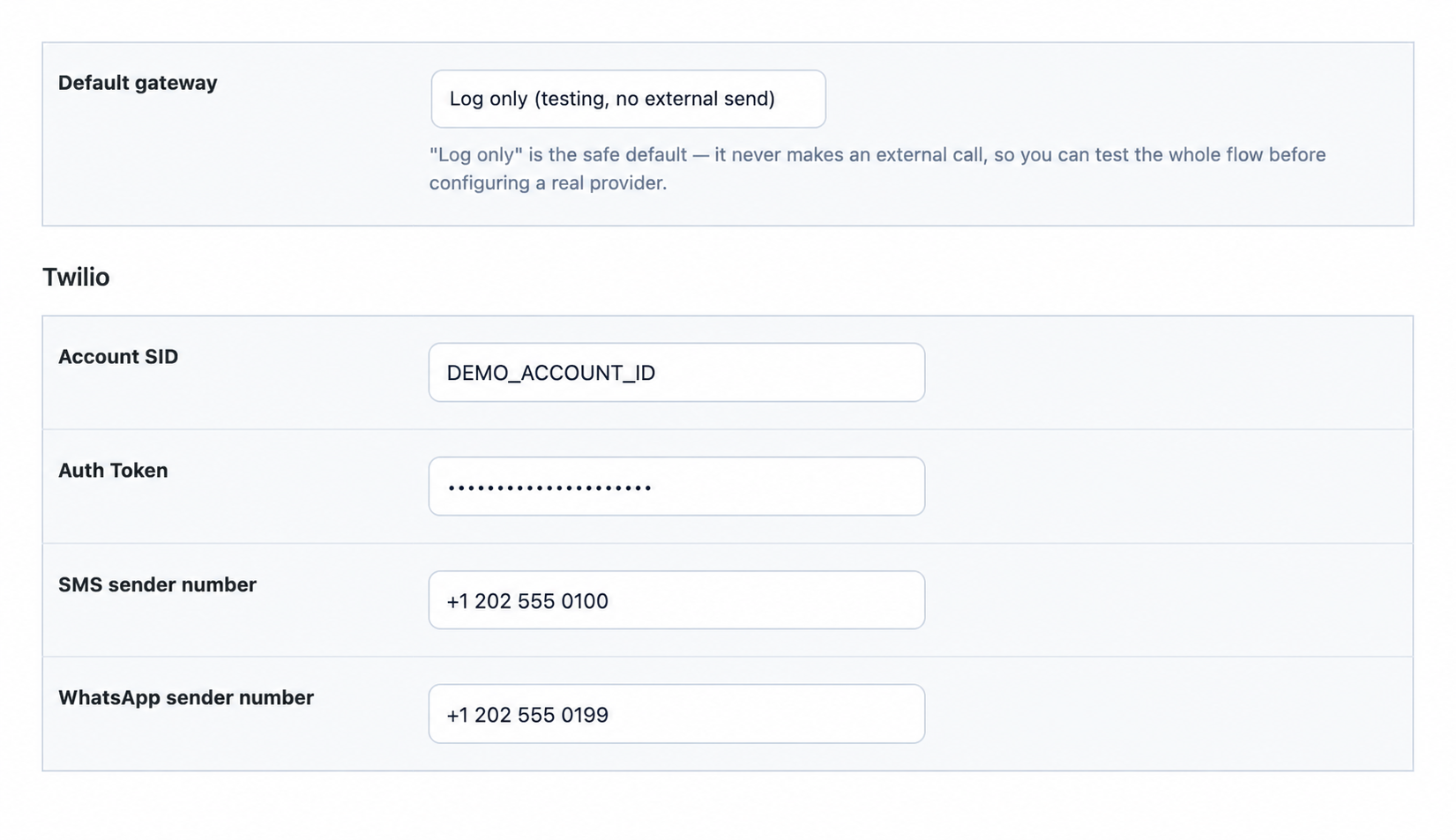 Twilio gateway configuration using masked fictional credentials